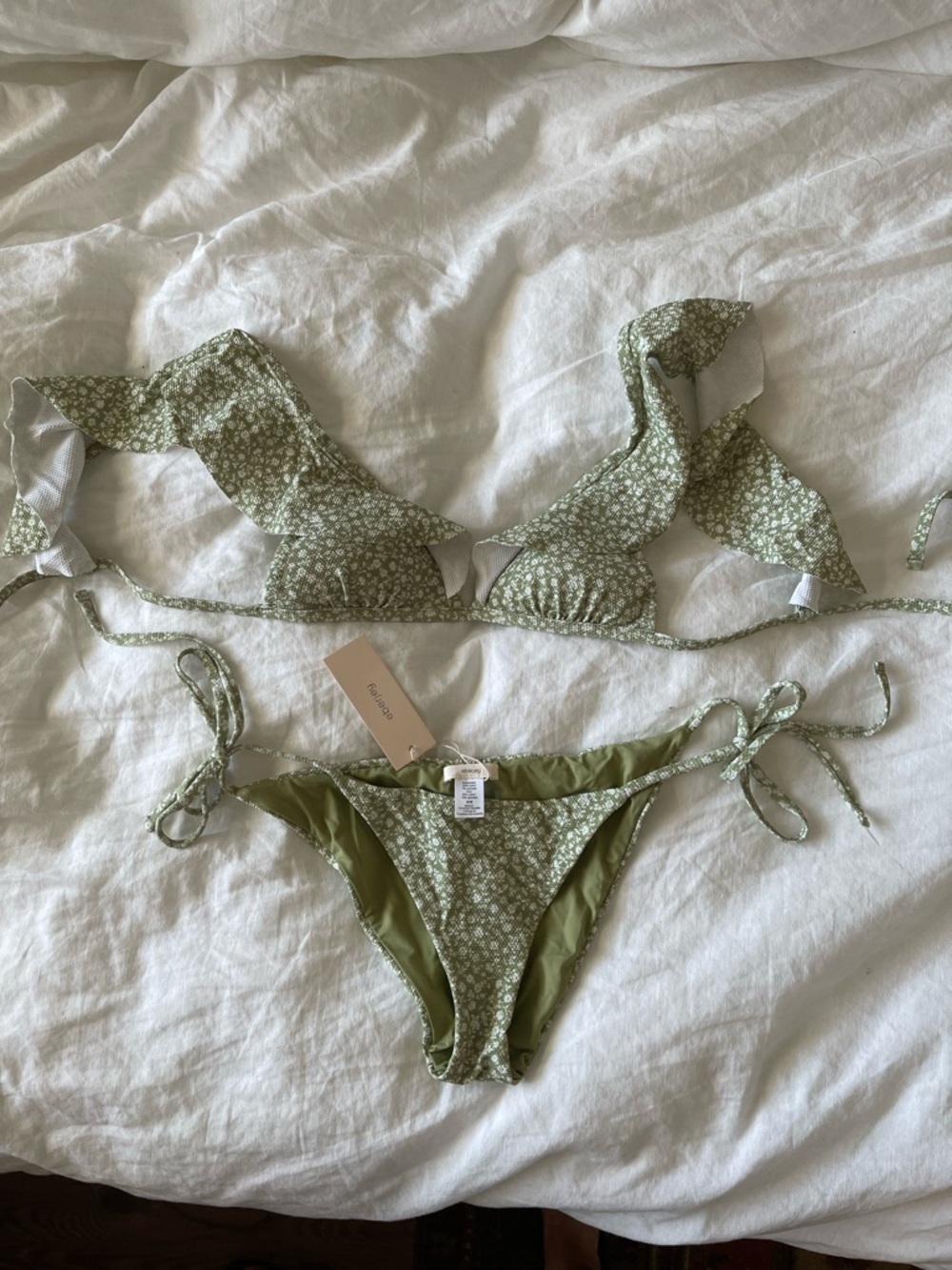 Eberjey Sage Green Floral Ruffle Triangle Bikini Set